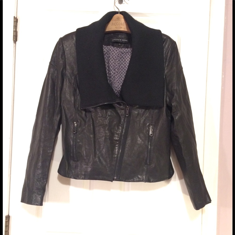Andrew Marc Black Leather Moto Biker Jacket sz L
